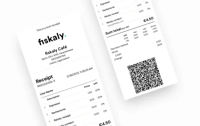 2 test digital receipts with fiskaly logo, a QR code, sum total, VAT and other test e-receipt information.