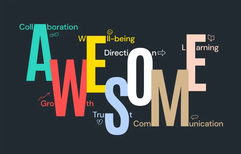 colourful letters forming the word "awesome", depicting values of the fiskaly work culture