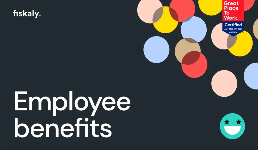 the text "employee benefits" by fiskaly next to colorful dots