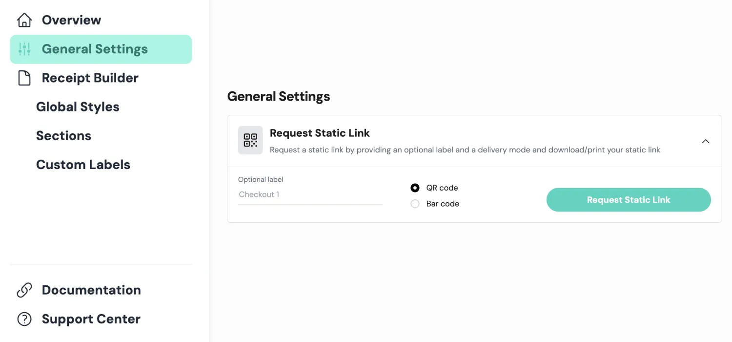 static link section in the fiskaly merchant dashboard interface